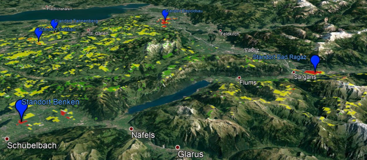 Geeignete Standorte für Windkraftanlagen übertragen in Google Earth