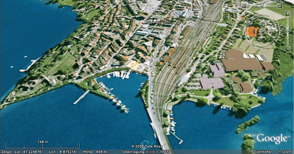 Der Rapperswiler Burghügel mit Altstadt in Google Earth (Screenshot)